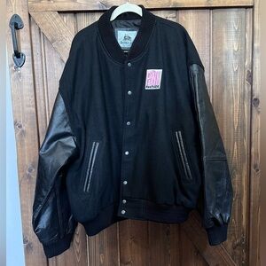 Burks Bay Black Leather Wool Pink Panther Sz XXL Rider Varsity Jacket Vtg CLEAN